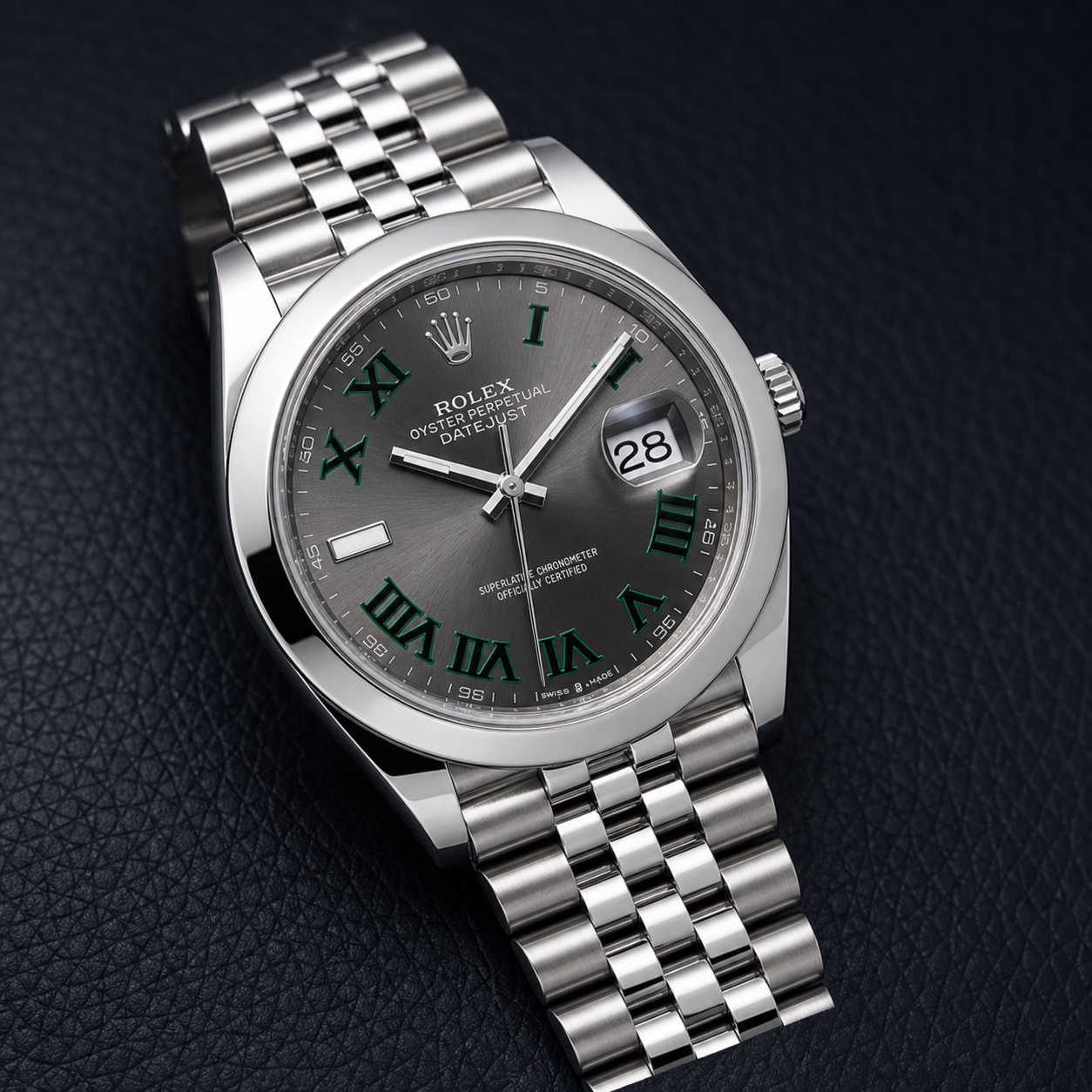Brand-new 2026 Datejust 41 Wimbledon with smooth steel bezel and Jubilee bracelet, front three-quarter view