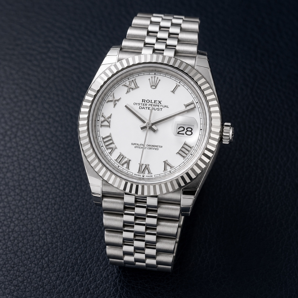 Brand-new 2026 Rolex Datejust 41 white Roman dial, fluted bezel and Jubilee bracelet, front three-quarter view