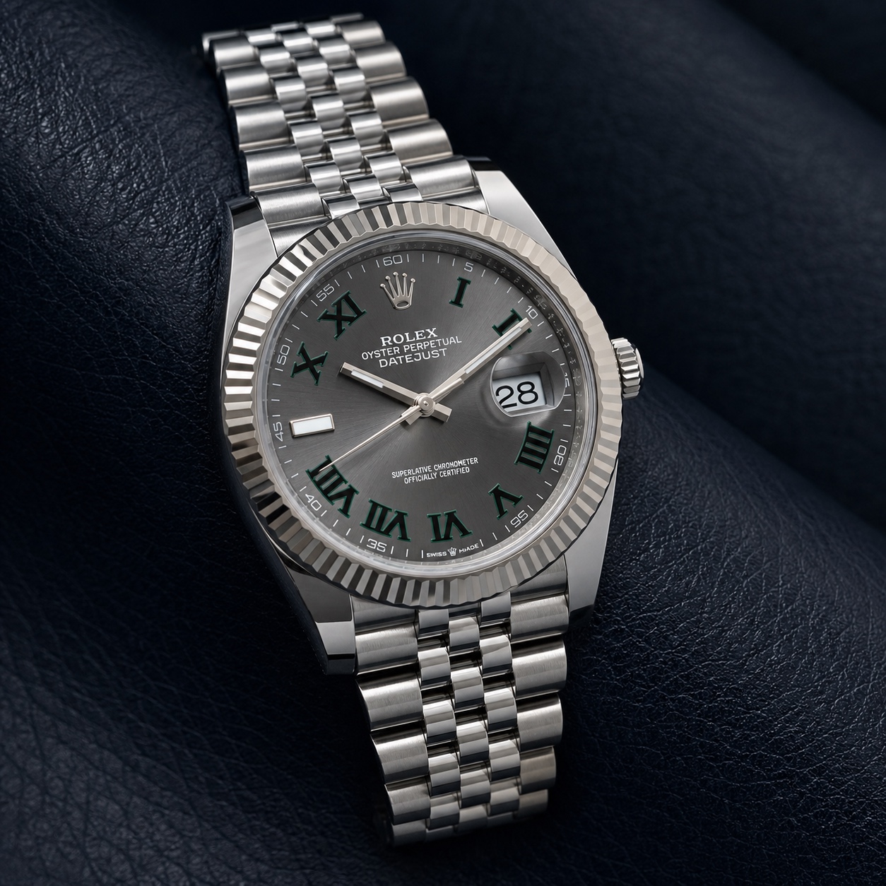 2023 Datejust 41 Wimbledon on Jubilee bracelet, front three-quarter view