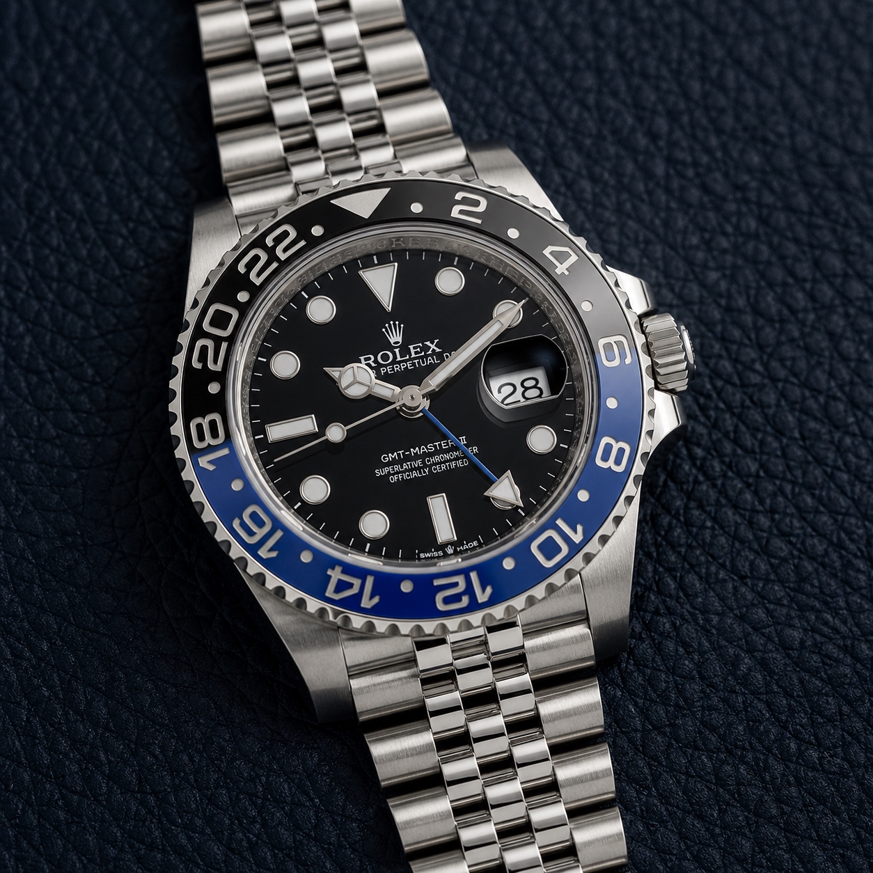 2024 GMT-Master II Batgirl on Jubilee bracelet, front three-quarter view