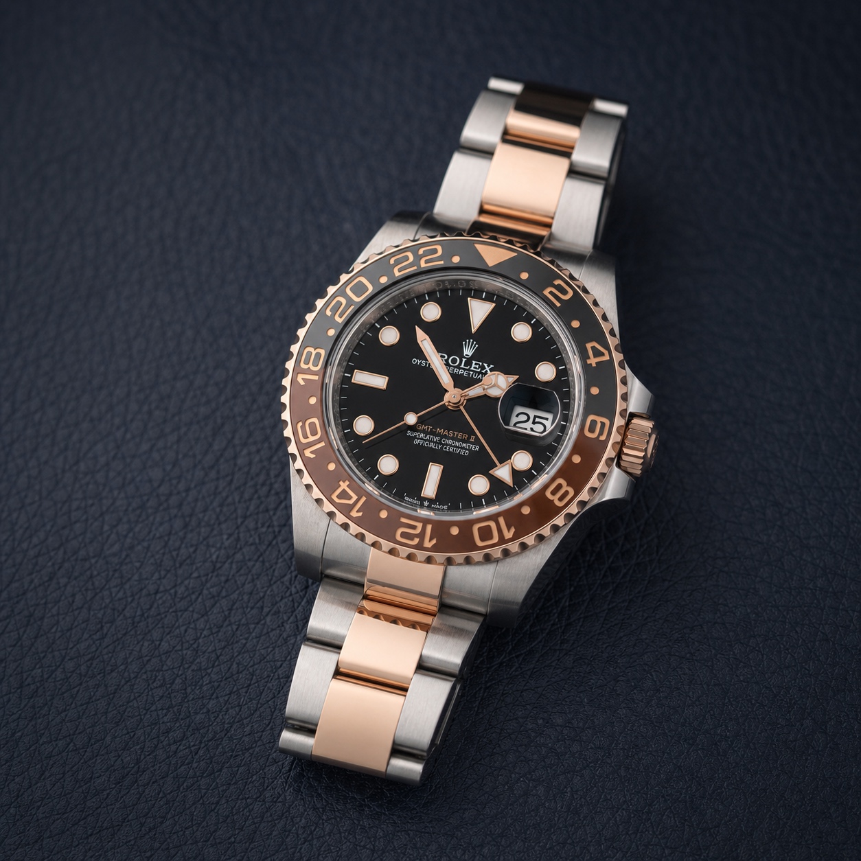 2025 GMT-Master II Root Beer on an Everose Rolesor Oyster bracelet, front three-quarter view