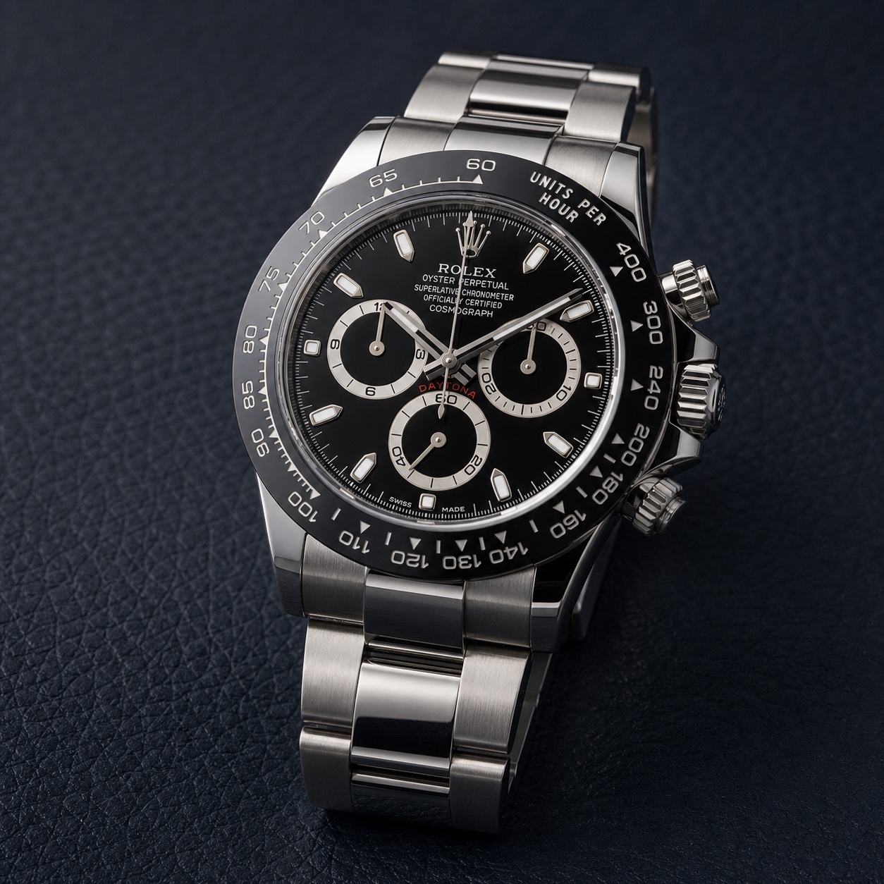 2017 black-dial Rolex Cosmograph Daytona 116500LN, front three-quarter view