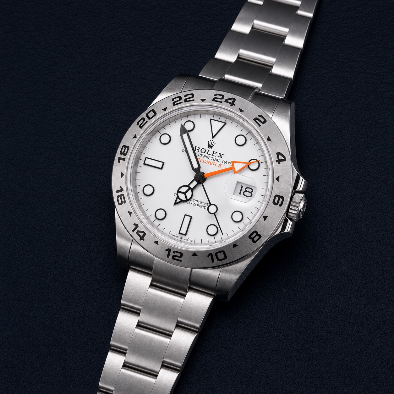 Brand-new 2026 Rolex Explorer II 226570 Polar white dial, front three-quarter view