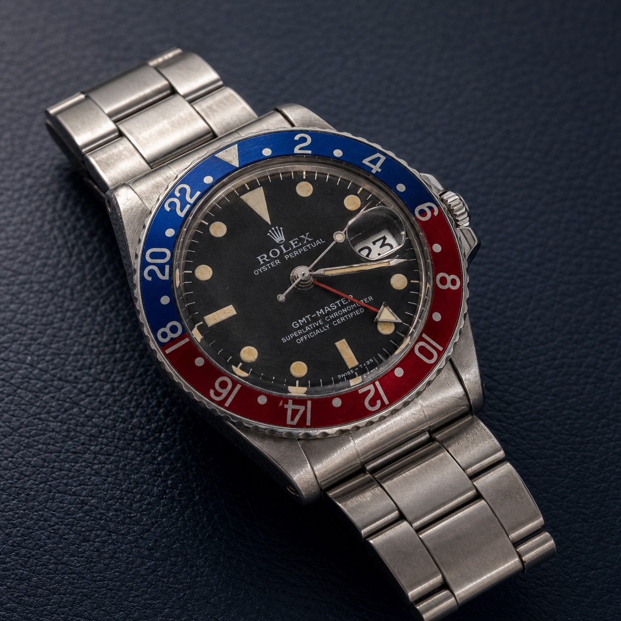 1972 Rolex GMT-Master reference 1675 Pepsi, honest vintage three-quarter view