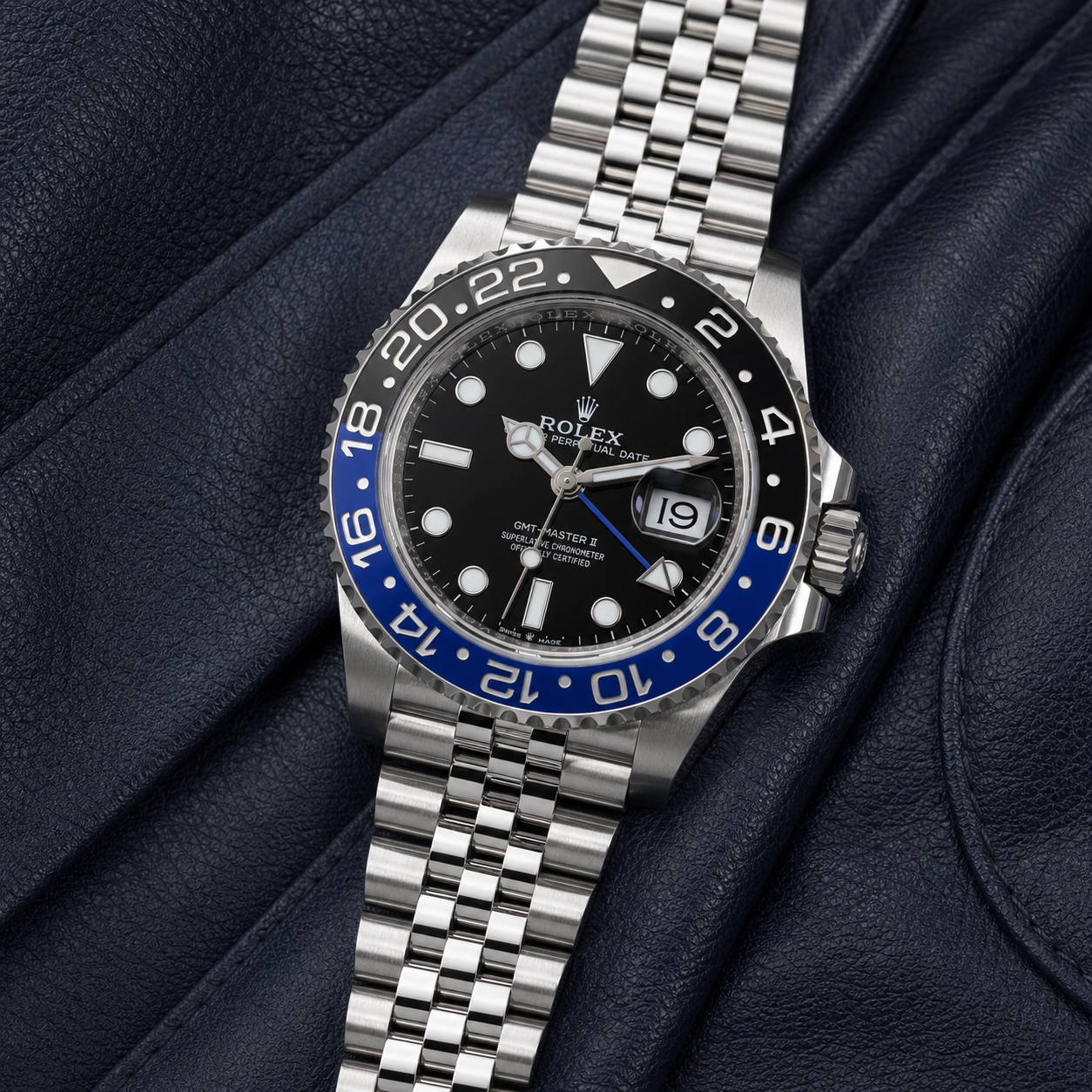 Brand-new 2026 Rolex GMT-Master II Batgirl on Jubilee bracelet, front three-quarter view