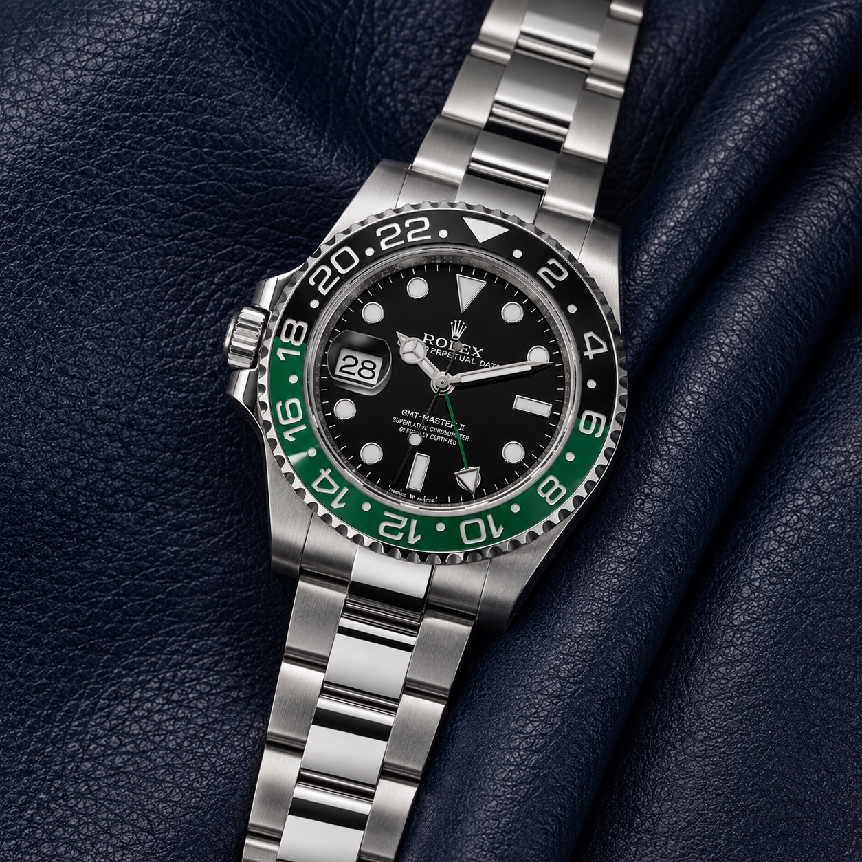 2025 Rolex GMT-Master II Sprite on Oyster bracelet, front three-quarter view
